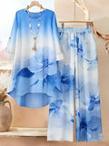 Asymmetrical Top with Floral Gradient Printed Wide-Leg Pants | Bohemian Everyday Style