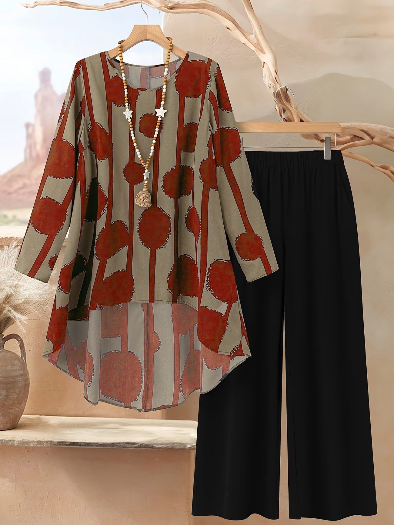Autumn And Winter Women'S Vacation Printed Elegant Casual Loose Long-Sleeve Top And Pants Two-Piece Set for Fall